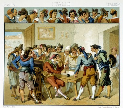 Groep Italianen rond een schrijver, afgebeeld in de populaire Romeinse kostuums van de 19e eeuw. Chromolithografische plaat - in 