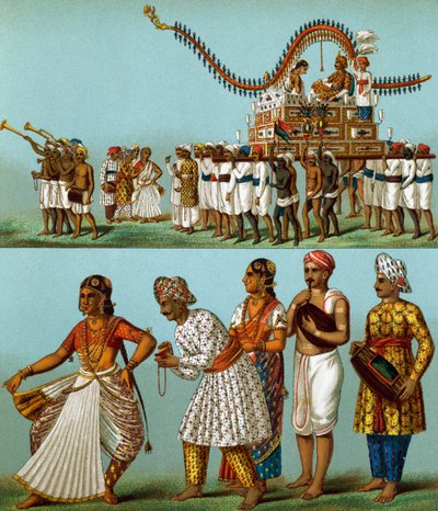 India, parades, muziek, dansen, lithografie uit Le Costume Historique, Volume I door Albert Charles August Racinet