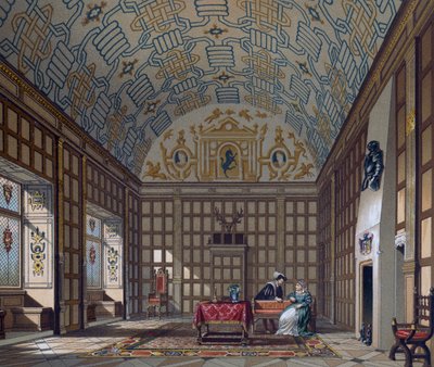 Interieur van een 16e-eeuwse Engelse woning, Lithografie door Gaulard uit Le Costume historique door Albert Charles August Racinet