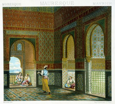 Interieur van een Moors huis (Alhambra, kamer van de Zegen). Chromolithografische plaat - in 