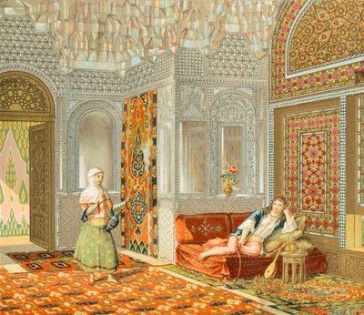 Interieur van een Perzische Kamer, Illustratie uit Complete Costume History door Auguste Racinet door Albert Charles August Racinet