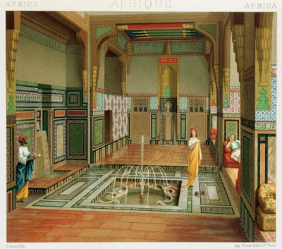 Interieur van een rijk huis in Caïro, Illustratie uit Complete Costume History door Auguste Racinet door Albert Charles August Racinet