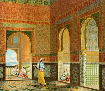 Interieur van een rijke Moorse woning, Illustratie uit Complete Kostuumgeschiedenis door Auguste Racinet door Albert Charles August Racinet