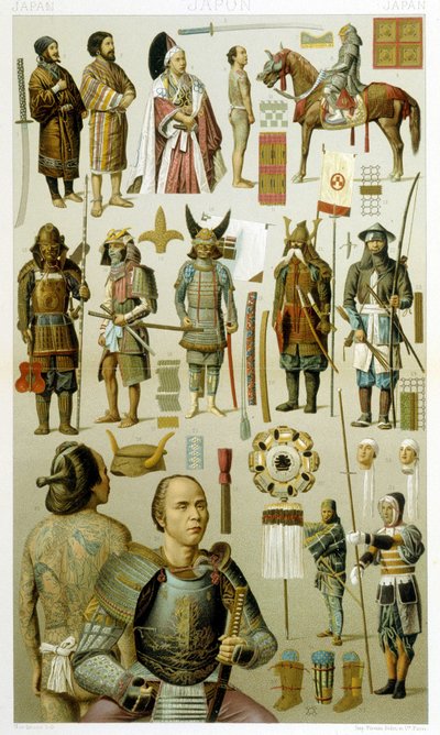 Japanse krijgerskostuums (samoura of yakuza). Chromolithografische plaat - in 