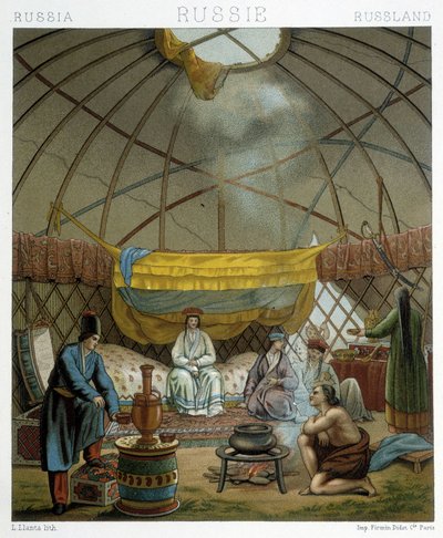 Kalmyk (Russische nomaden) in hun yurt door Albert Charles August Racinet