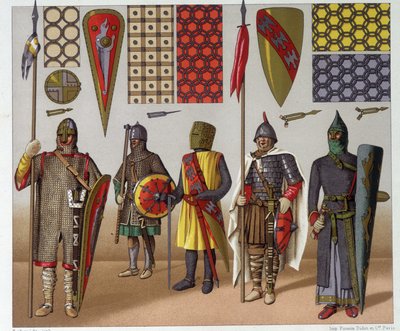 Militaire kostuums van de 9e tot de 12e eeuw, door A. Racinet door Albert Charles August Racinet