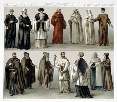 Monastieke kostuums in Europa van de 15e tot de 18e eeuw. Illustratie in "Le costume historique" door Racinet door Albert Charles August Racinet