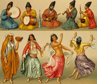 Muzikanten en dansers uit Perzië, lithografie door Dambourget, uit Le Costume historique door Albert Charles August Racinet