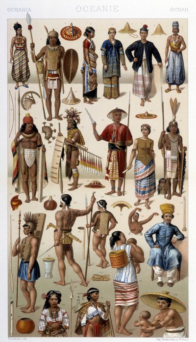 Mensen van Maleisië en Polynesië (Oceanië). Illustratie in 