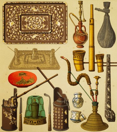 Pijp en objecten gebruikt door rokers, lithografie uit The Complete Costume History, eerste volume door Albert Charles August Racinet