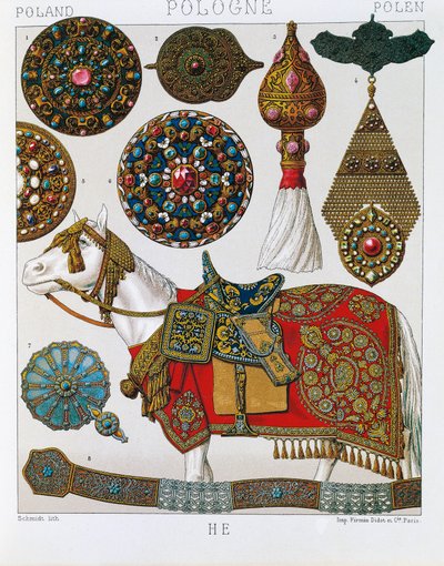 Poolse ornamenten, paard Hussars (lithografie) door Albert Charles August Racinet