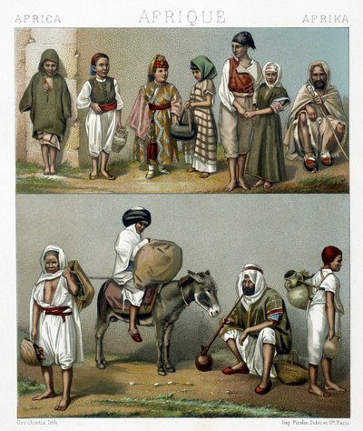 Volkskostuums uit Algerije en Tunesië. Illustratie in "Le costume historique" door Racinet door Albert Charles August Racinet