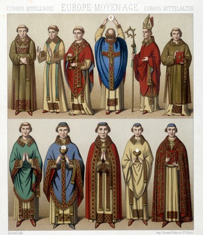 Religieuze kostuums in Europa in de Middeleeuwen. Illustratie in 