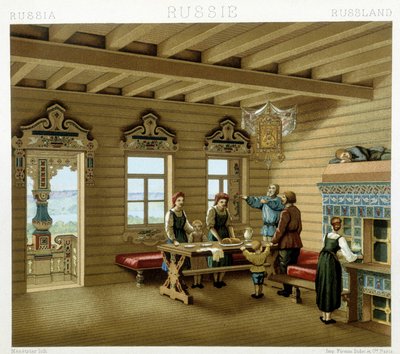 Russische familie in een typische residentie in Rusland in de 19e eeuw. Chromolithografische plaat - in 