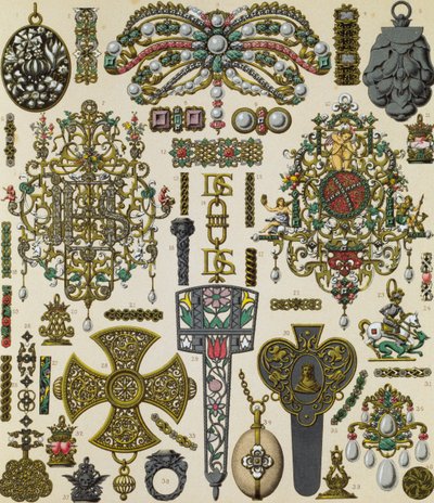 Zeventiende-eeuwse sieraden, lithografie door Schmidt gepubliceerd in Le costume historique, Volume V door Albert Charles August Racinet