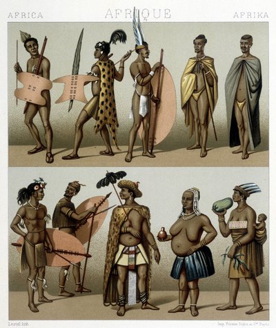 Traditioneel Cafrerie kostuum (Zuidelijk deel van Afrika). Illustratie in 