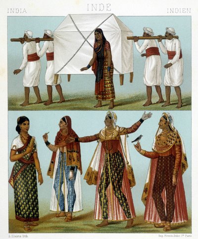Transport en traditionele vrouwelijke kostuums. Illustratie in "Le costume historique" door Racinet door Albert Charles August Racinet