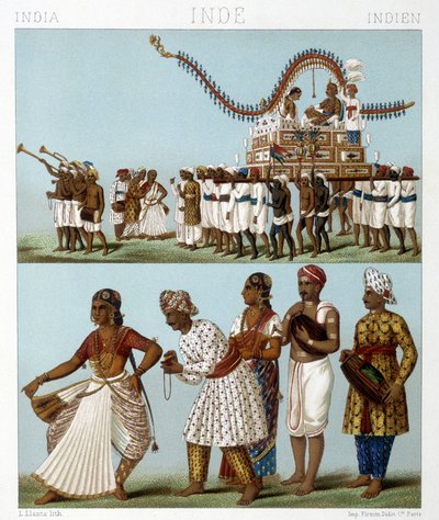 Transport, muziek, dans en traditionele kostuums van India. Illustratie in 