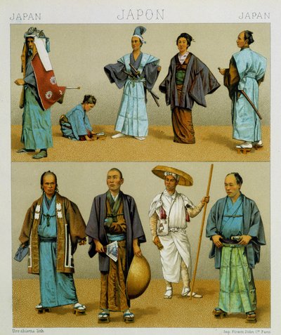 Verschillende traditionele Japanse mannenkostuums inclusief kimono. Chromolithografische plaat - in 