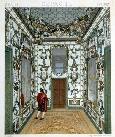 Zicht op een man in het Koninklijk Paleis van Madrid. Chromolithografische plaat - in "Le costume historique" door Racinet door Albert Charles August Racinet