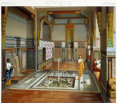 Vrouw en haar dienaar naast een fontein in een huis in Caïro (Egypte). Chromolithografische plaat - in 