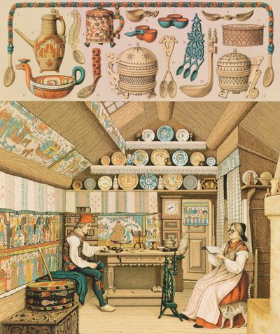 Houten huis in Zweden, Illustratie uit Le Costume Historique door Auguste Racinet door Albert Charles August Racinet