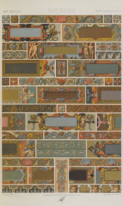 XVI eeuw, plaat 71 uit Polychromatisch Ornament: Honderd Platen in Goud, Zilver en Kleuren, 1873 door Albert Charles August Racinet