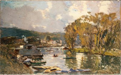 De kleine tak van de rivier de Seine bij Bas-Meudon op een herfstavond door Albert Charles Lebourg