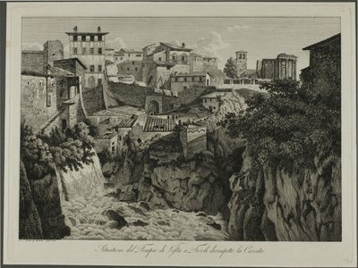 Scène van de Tempel van Vesta in Tivoli met uitzicht op de watervallen door Albert Christoph Dies