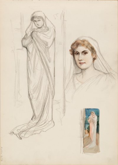 Aino Ackté als Alcestis, schets van het gezicht en twee volledige lichaamsschetsen door Albert Edelfelt