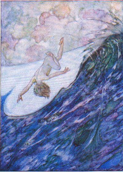 Hij gaf drie schepen uit het water, een meter hoog, en over de kop, uit The Water Babies uitgegeven door Humphrey Milford Oxford University Press, ca. 1930 door Albert Edward Jackson