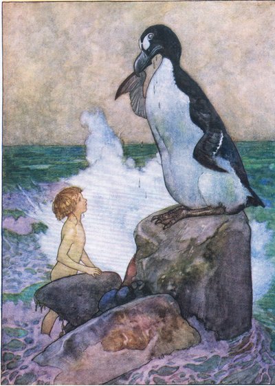 De arme oude Garfowl begon tranen van pure olie te huilen, uit The Water Babies uitgegeven door Humphrey Milford Oxford University Press, ca. 1930 door Albert Edward Jackson