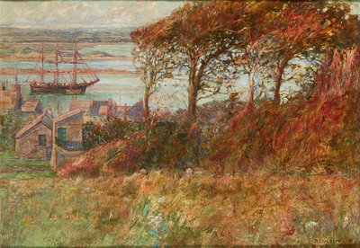 Bosje boven de haven in de herfst (olieverf op doek) door Albert Ernest Victor Lilley
