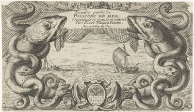Zeegezicht met rand van zeedieren en een visnet door Albert Flamen