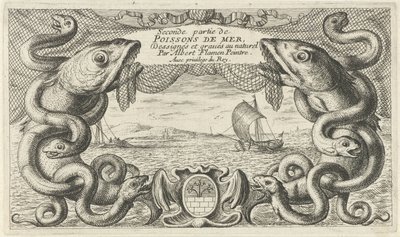 Zeegezicht met rand van zeedieren en een visnet door Albert Flamen