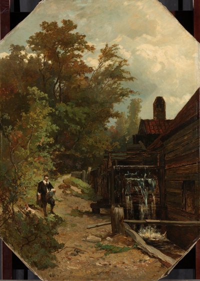 Jacob van Ruisdael schetst een watermolen door Albert Gerard Bilders