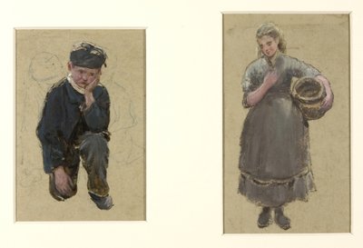 Vissermeisjes en knielende jongen door Albert Goodwin
