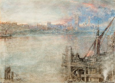 Westminster met de Houses of Parliament bij zonsondergang (pen  zwarte inkt  aquarel met krassen op papier) door Albert Goodwin