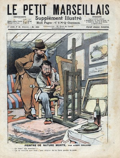 Een schilder in een zolderkamer schildert stillevens, de fles wijn en de cake die als model dienen blijven niet stil staan. Illustratie door Albert Guillaume (1873-1942) uit 