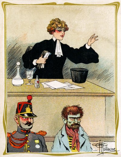 Een vrouwelijke advocaat met een mooi gezicht, pleit en verdedigt haar cliënt kijkt geduldig. Reclame, gravure 1902-1903 door Albert Guillaume