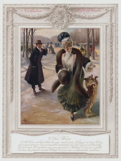 Belle Epoque Parijs, Modieuze dame in het Bois de Boulogne (kleur litho) door Albert Guillaume
