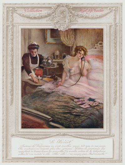Belle Epoque Parijs, Modieuze dame die wakker wordt (kleur litho) door Albert Guillaume