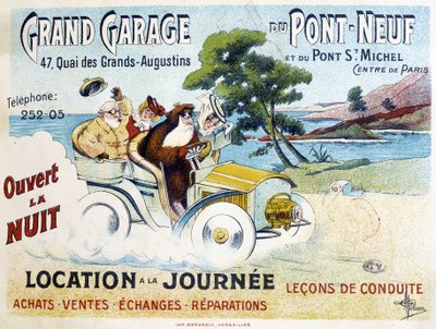 Grand Garage du Pont-Neuf: verhuur, rijlessen, aankoop, verkoop, reparaties - Reclameposter door Albert Guillaume (1873-1942), circa 1900 door Albert Guillaume