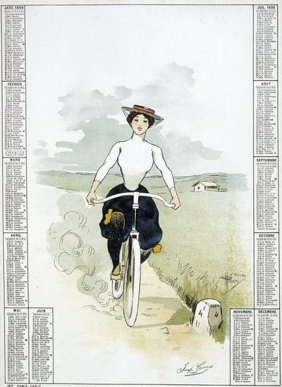 Vrouw op een fiets - tekening door Guillaume, kalender door Albert Guillaume