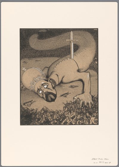 Ontwerp voor een politieke spotprent: slang met gekroond hoofd neergestoken door zwaard van Justitia door Albert Hahn (I)