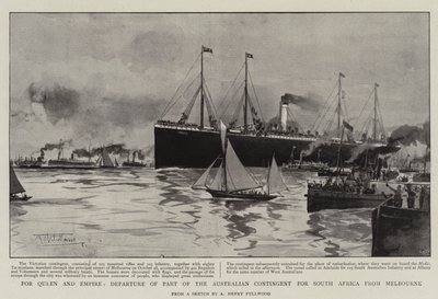 Voor koningin en rijk, vertrek van een deel van het Australische contingent naar Zuid-Afrika vanuit Melbourne door Albert Henry Fullwood