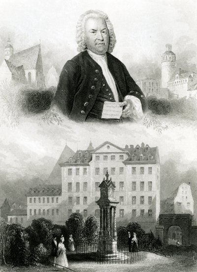 Portret van Johann Sebastian Bach (1685-1750) en monument door Albert Henry Payne