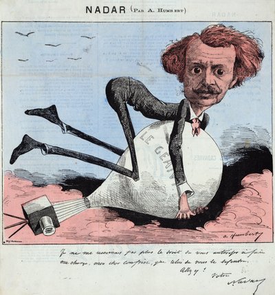 Cartoon van Nadar en zijn luchtballon, ca. 1863 door Albert Humbert