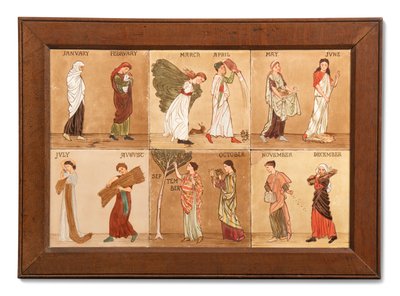 Zes Minton Hollis & Co Tegels die de Maanden Voorstellen, ca. 1880-99 door Albert Joseph (attr.to) Moore
