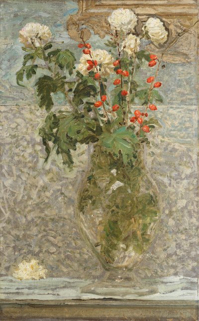 Witte chrysanten en rode bessen door Albert Joseph Moore